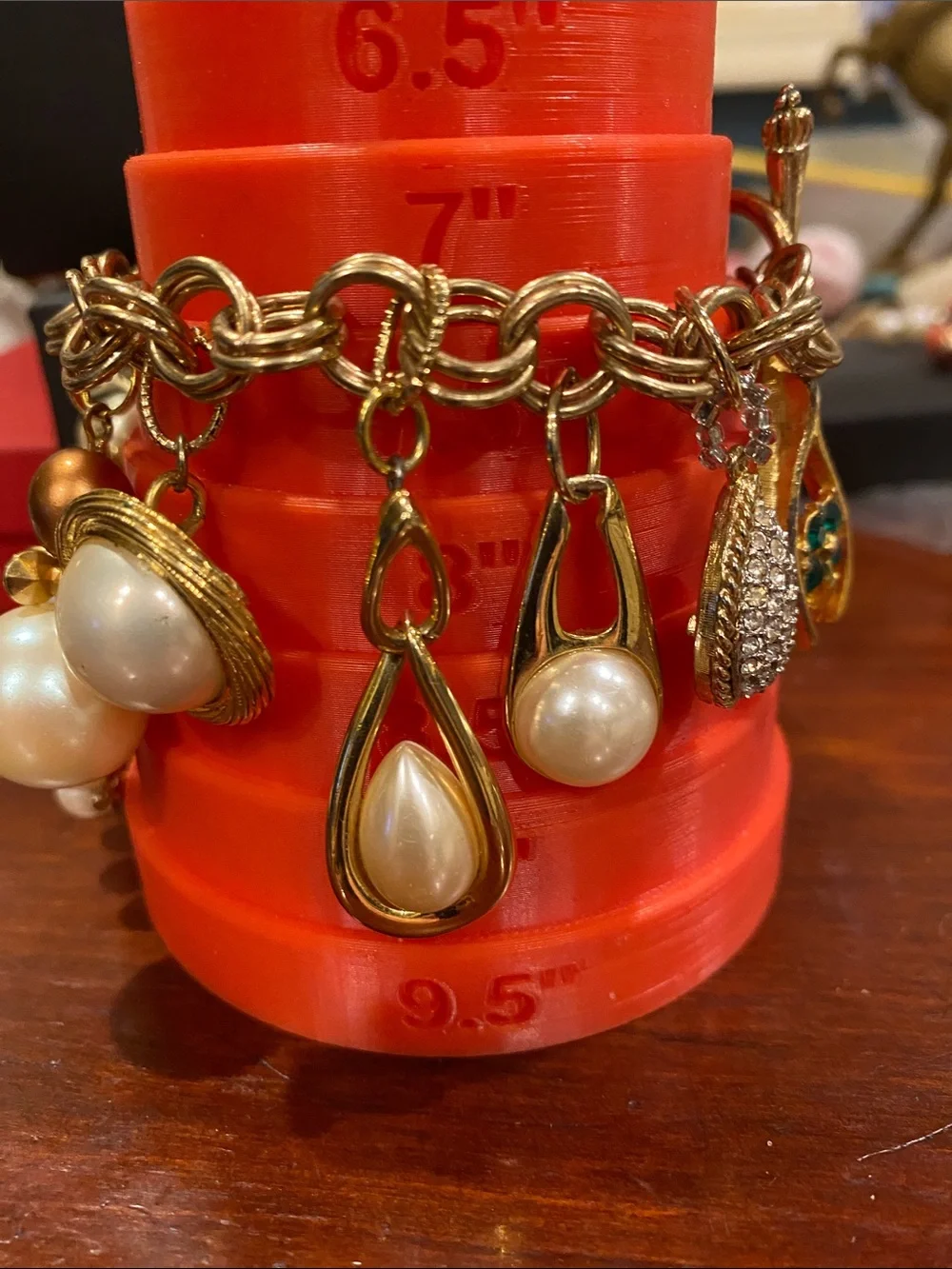 Repurposed Gold-Tone Pearl Charm Bracelet - Elegant Women’s Jewelry